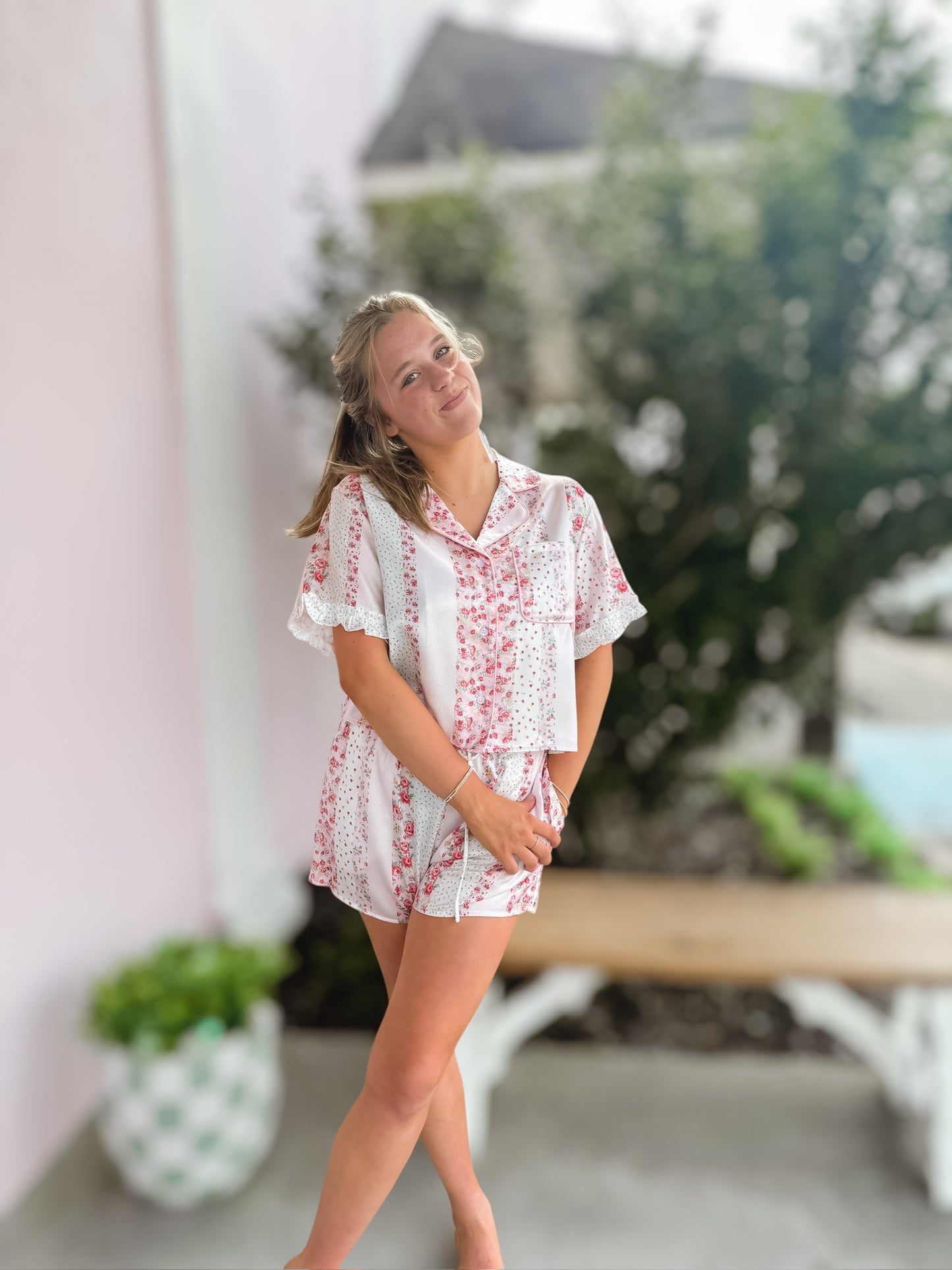 Ruffles & Florals Satin PJ Set in Pink