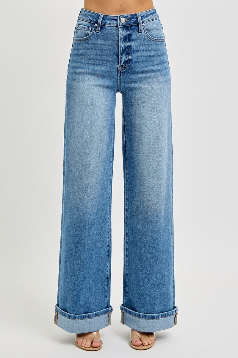 Sucre 75 Med Wash Tummy Control High Rise Wide Cuffed Jeans