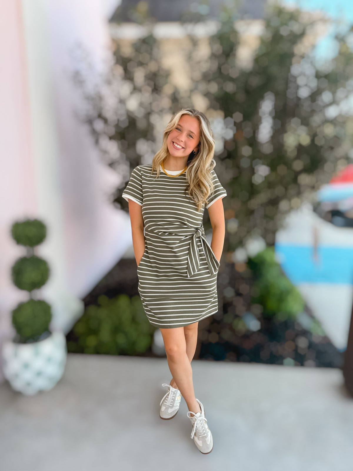 Tied To You Olive Striped Dress