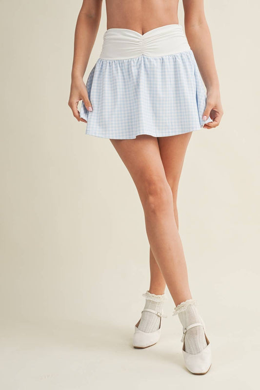Blue Gingham Print Ruched Waistband Mini Skort