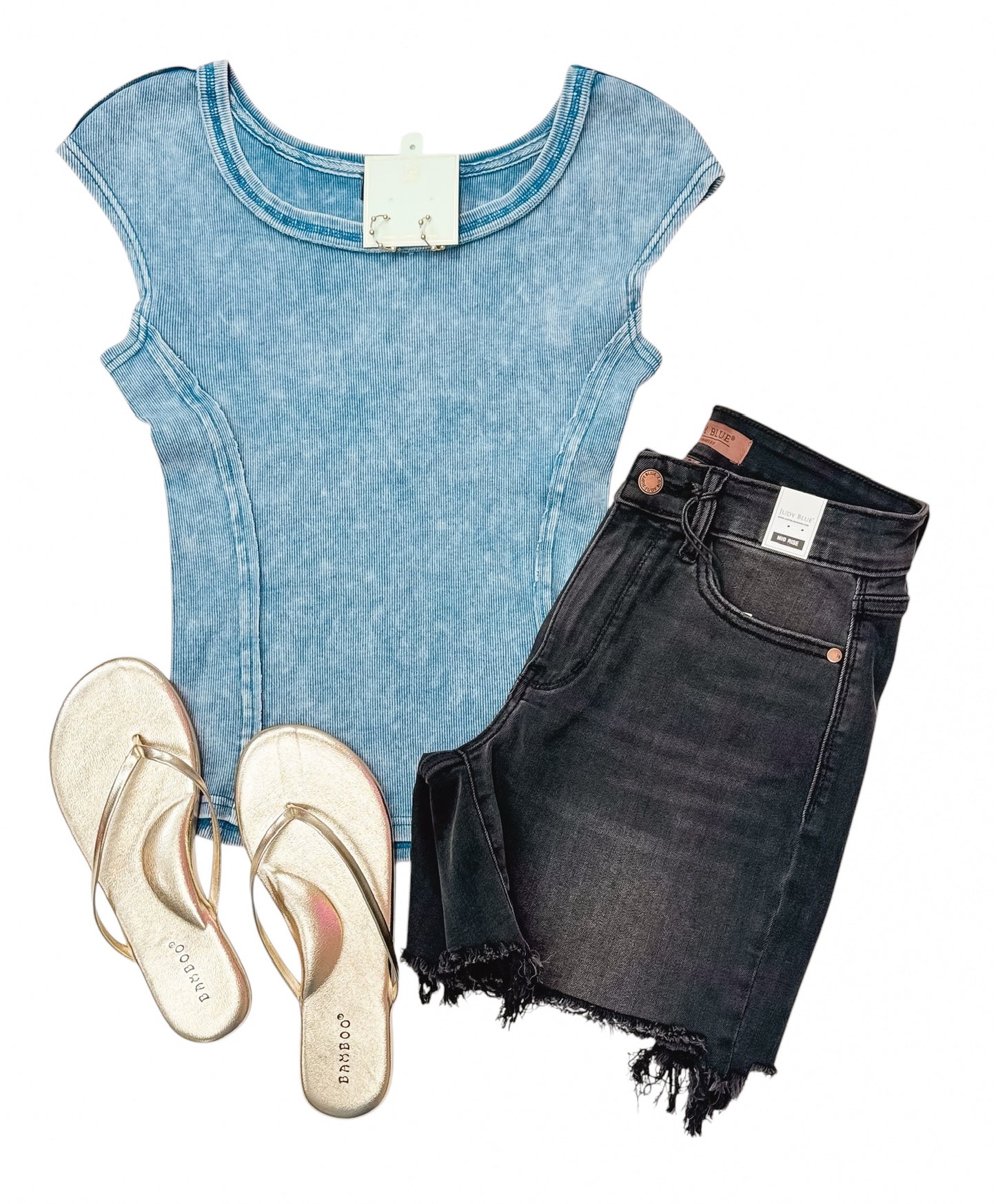 Lucky You Blue Scoop Neck SS Top