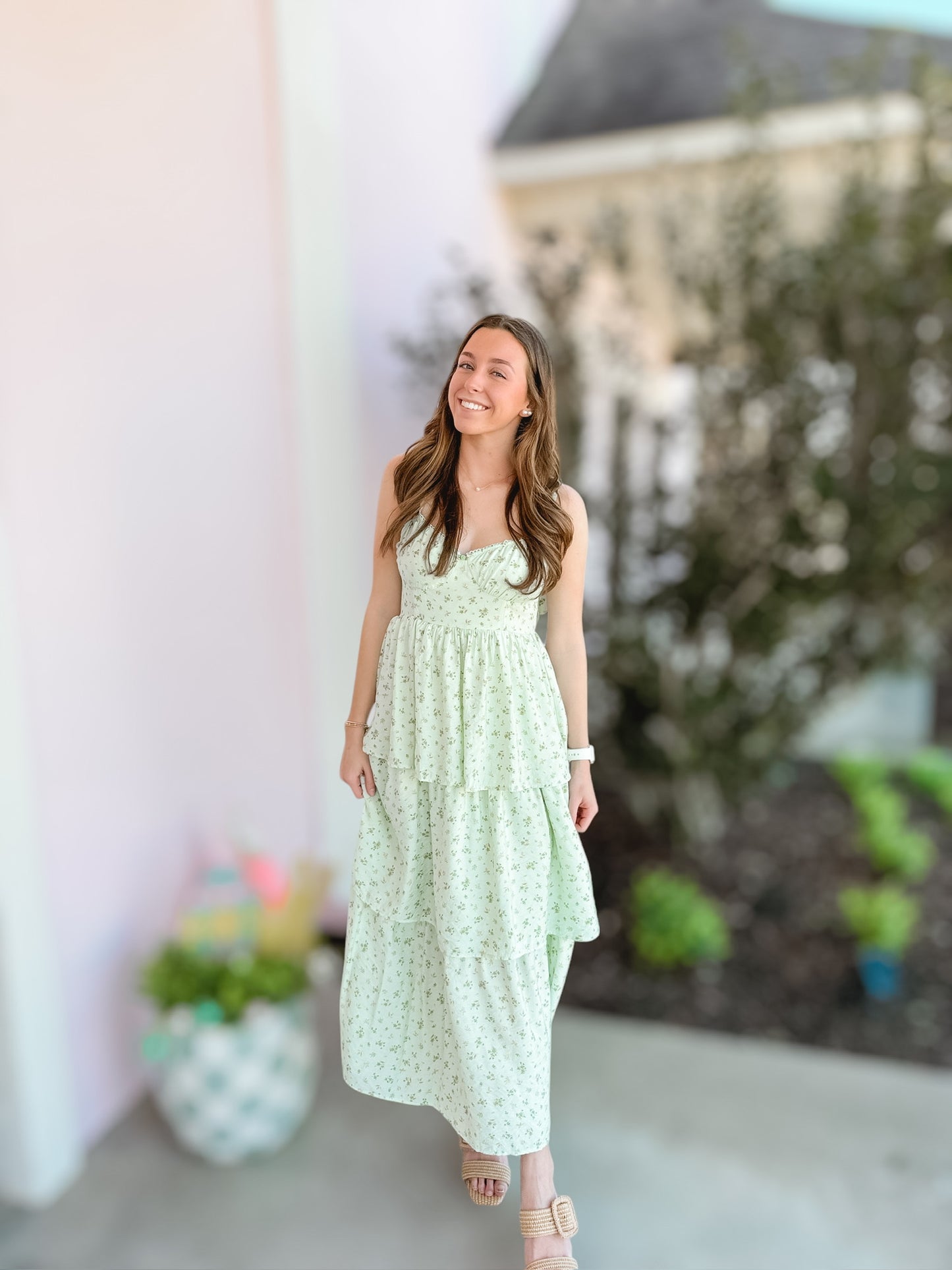 Sage Floral Corset Ruffle Dress