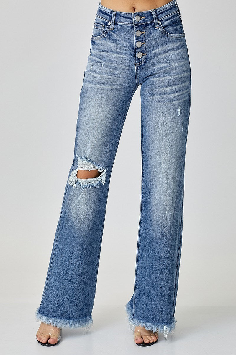 Solice Mid Rise Button Down Wide Leg Jeans