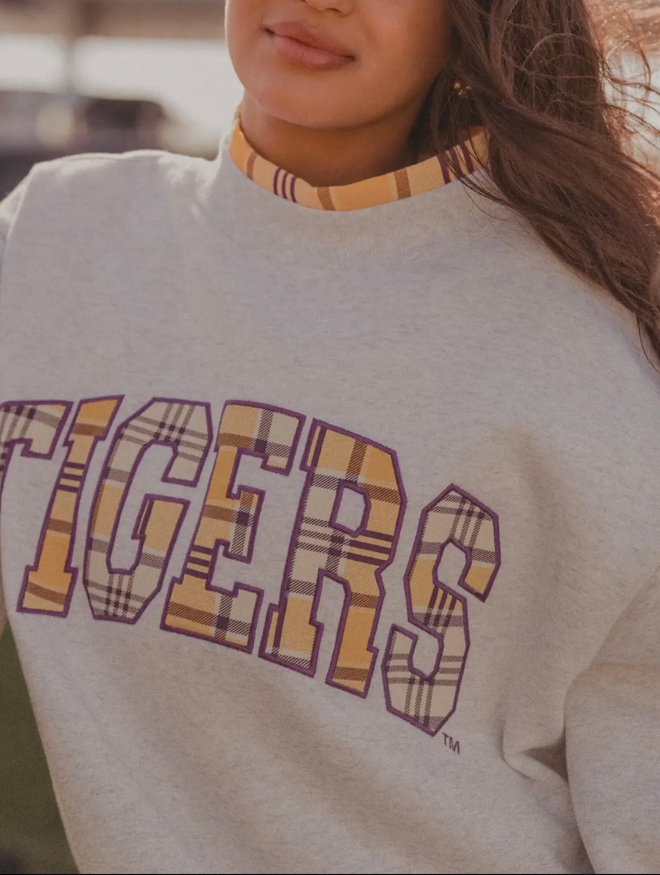 LSU Tigers Varsity Plaid Gray Mock Neck Sweatshirt