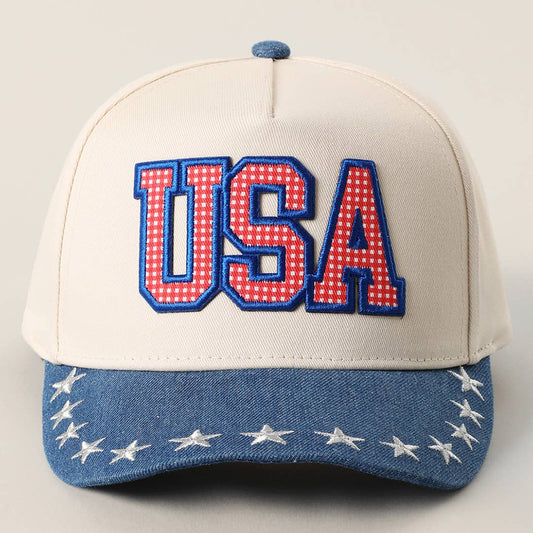 USA Gingham Letter Patch Star Brim Denim Cap