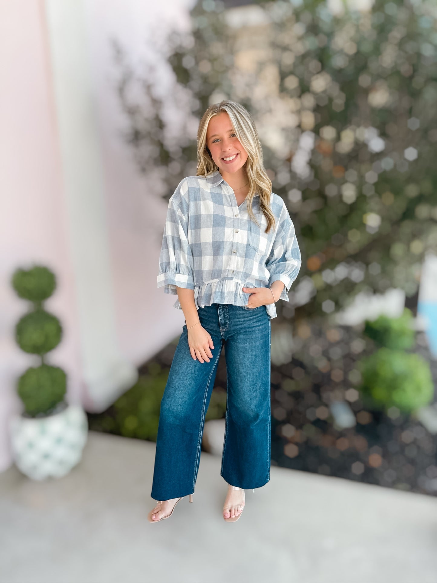 Blair Blue & White Button Up Ruffle Top