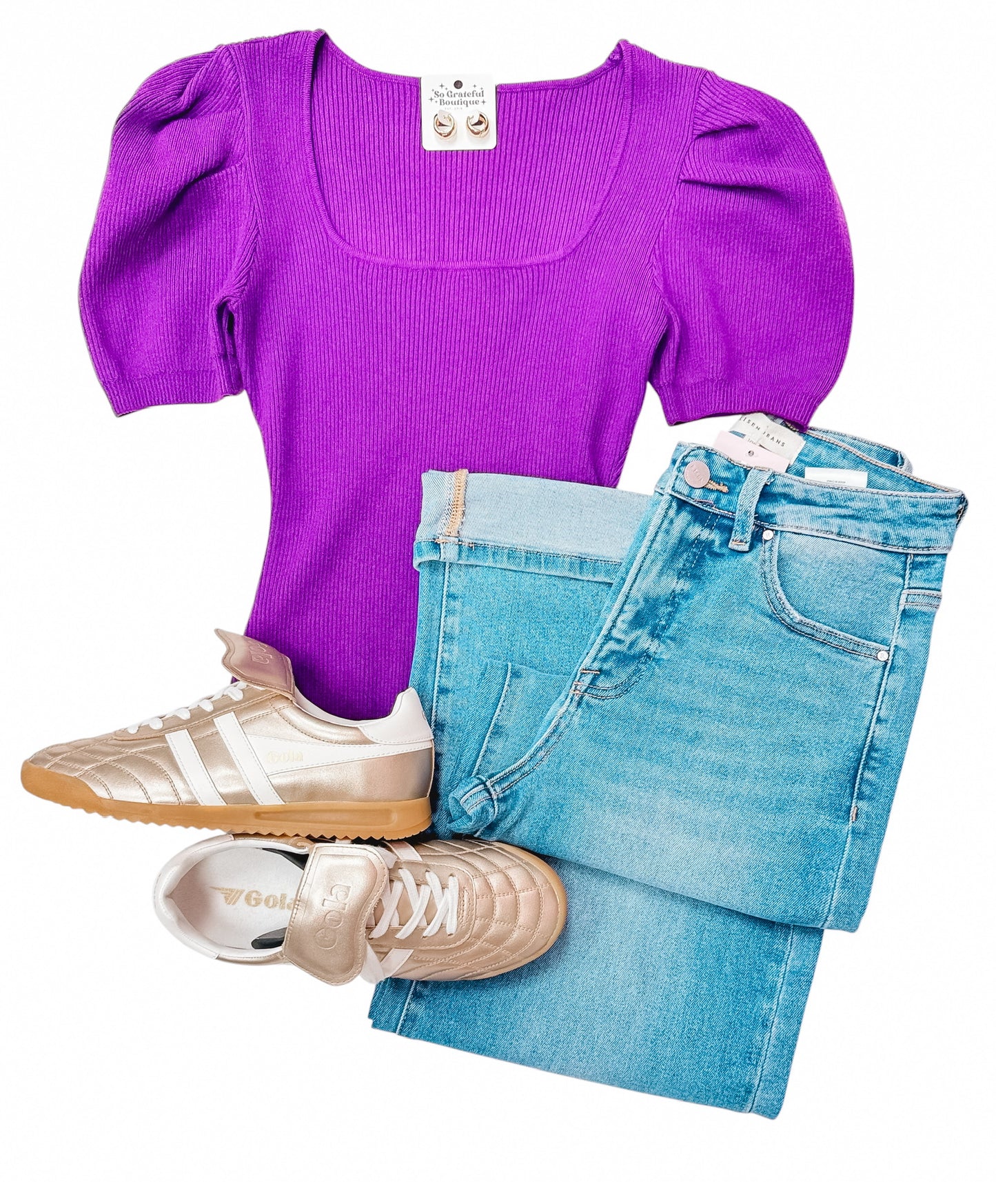 Purple Ribbed Square Neck SS Top