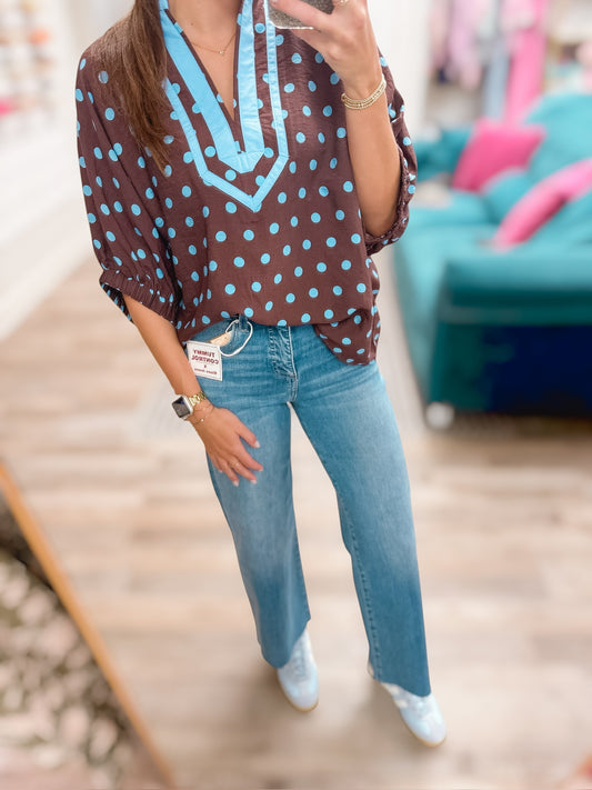 Blue & Brown Confetti Vneck Blouse