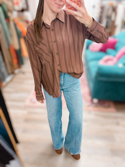 Call Me Later Chocolate Striped Button Up