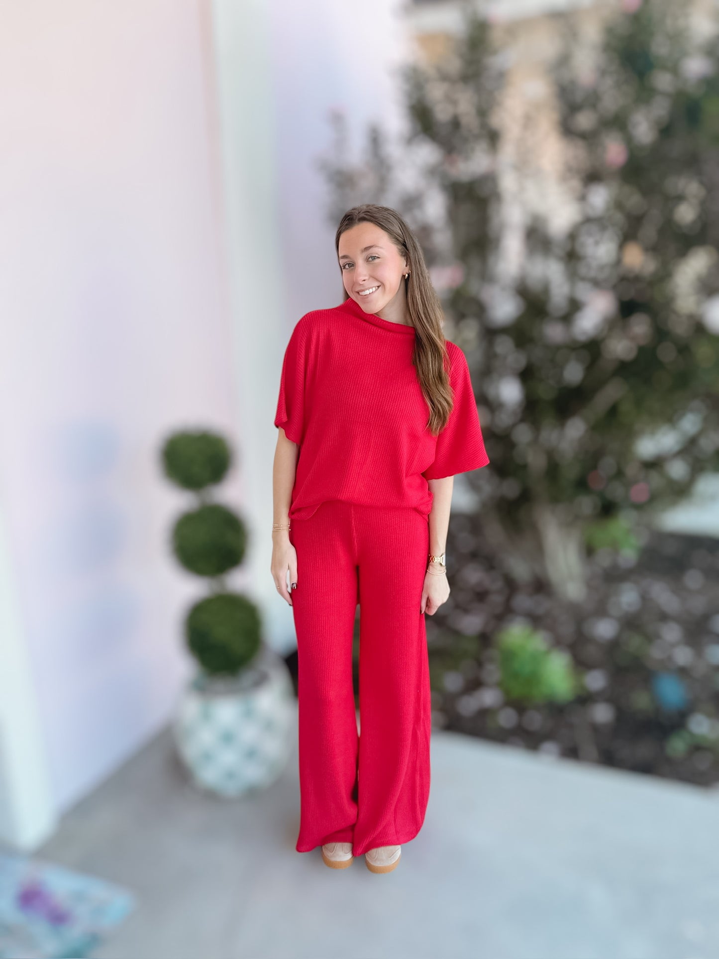 Swedan Mock Neck Short Sleeve & Pant Set Ruby