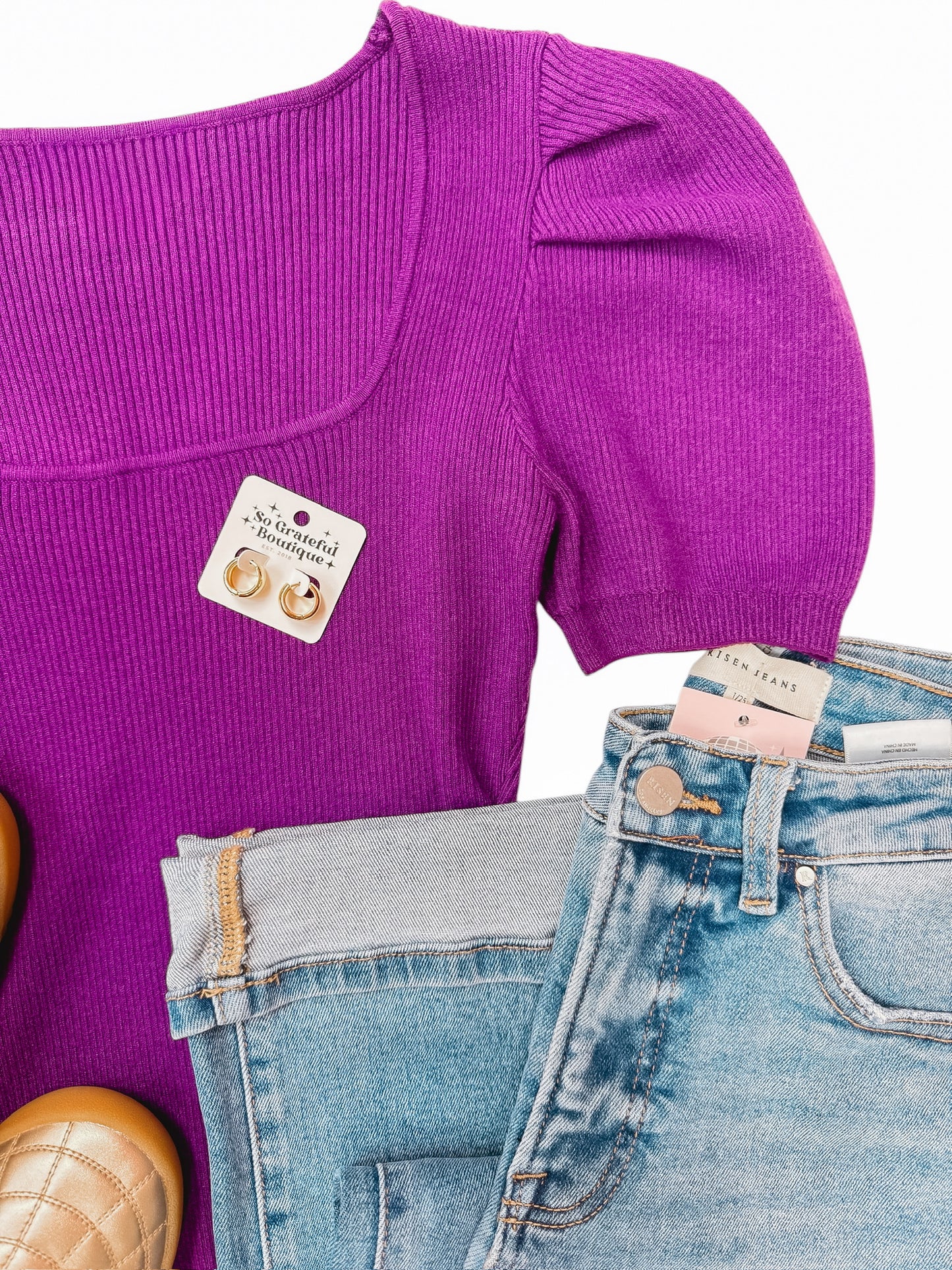 Purple Ribbed Square Neck SS Top
