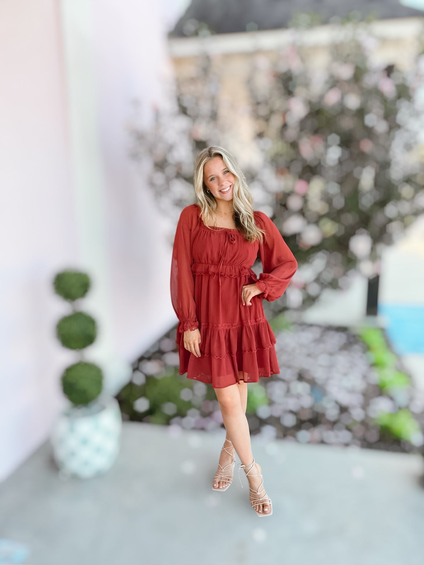 Rust Tiered Puff Sleeve Dress