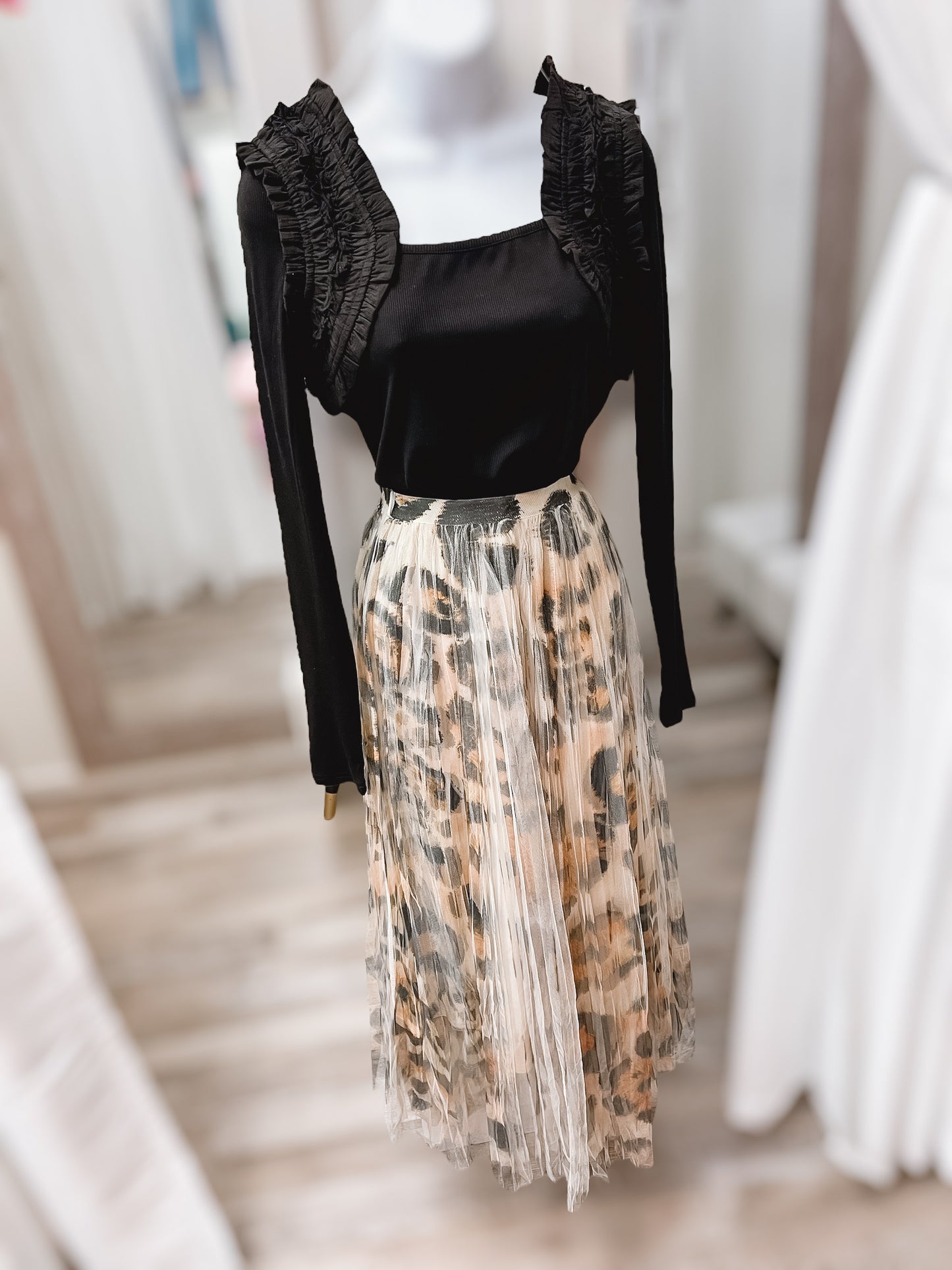 Black Shoulder Ruffle LS Knit Top
