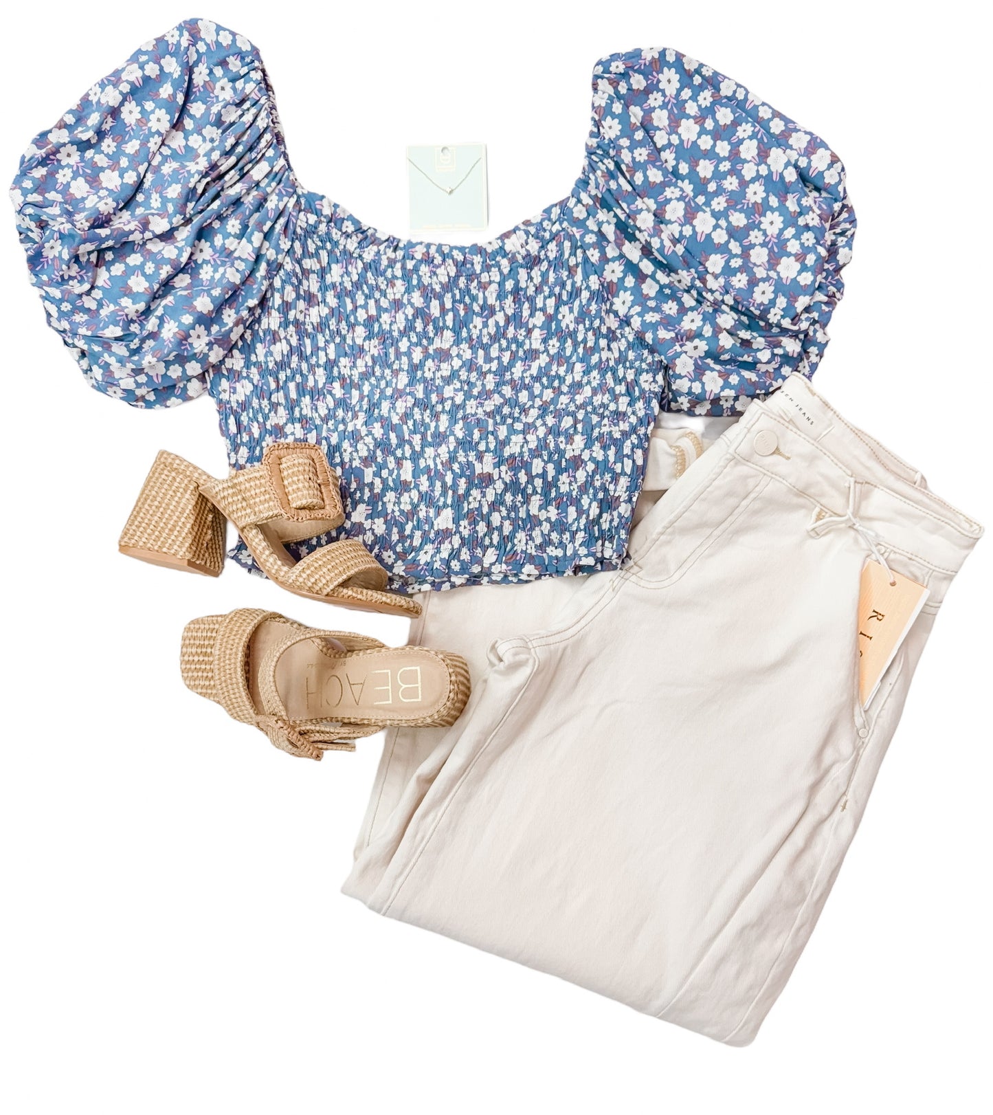 Denim Bloom Print Puff Sleeve Smocked Top