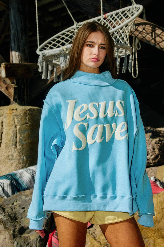 JESUS SAVES Blue Mock Neck Sweatshirt