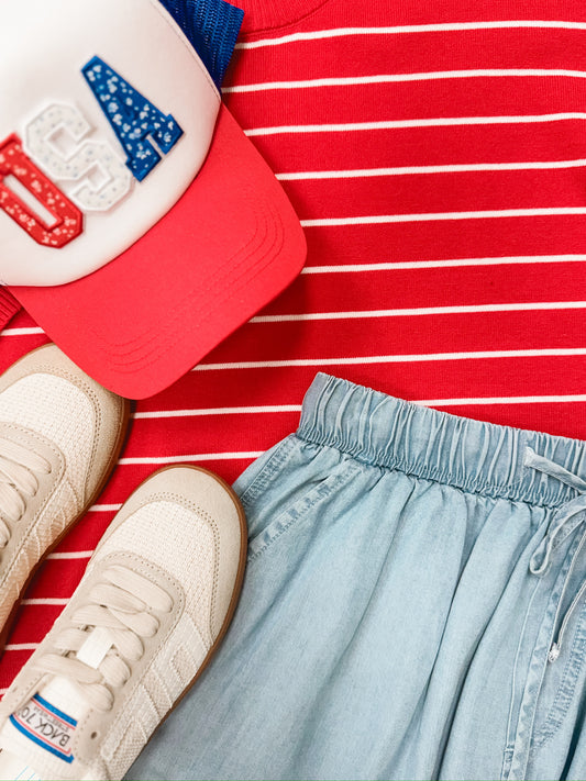 Red Oversized Striped Knit Short Sleeve Top