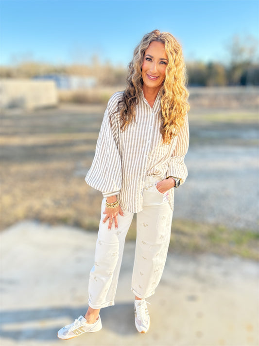 Cream Heirloom Embroidered Barrel Denim