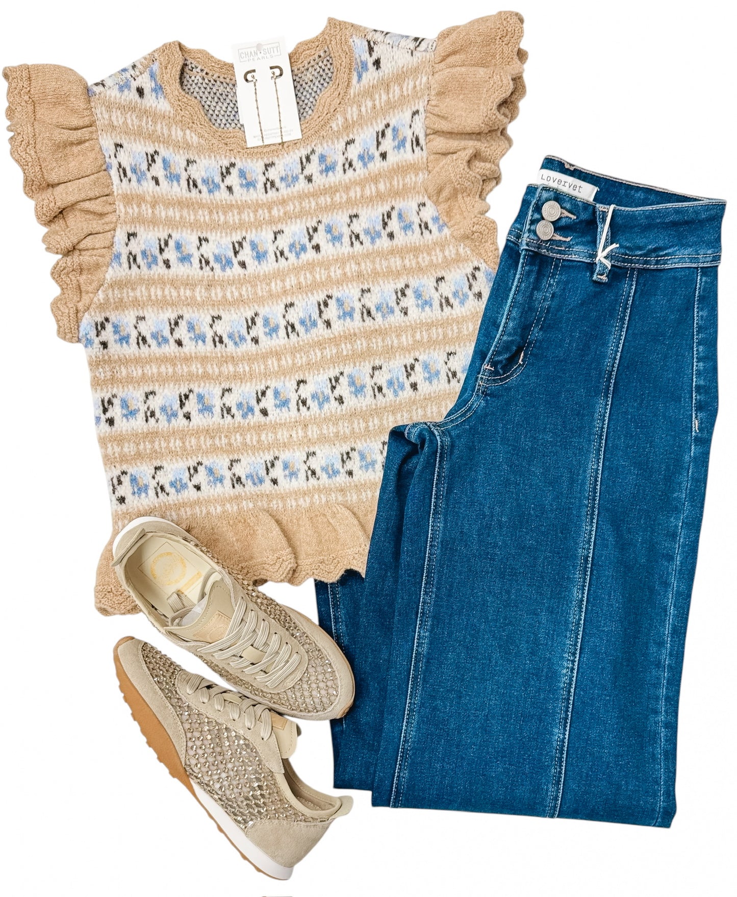 Charming Taupe Blue Floral SS Sweater