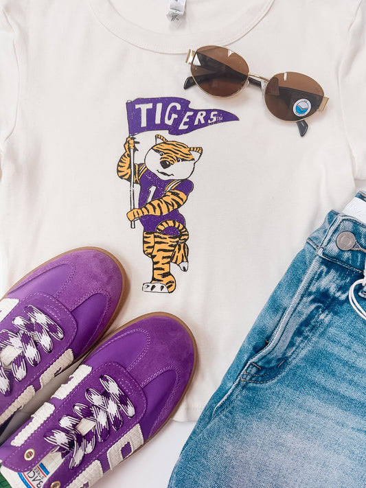 LSU Tigers Mascot Flag Off White Micro Cropped Tee
