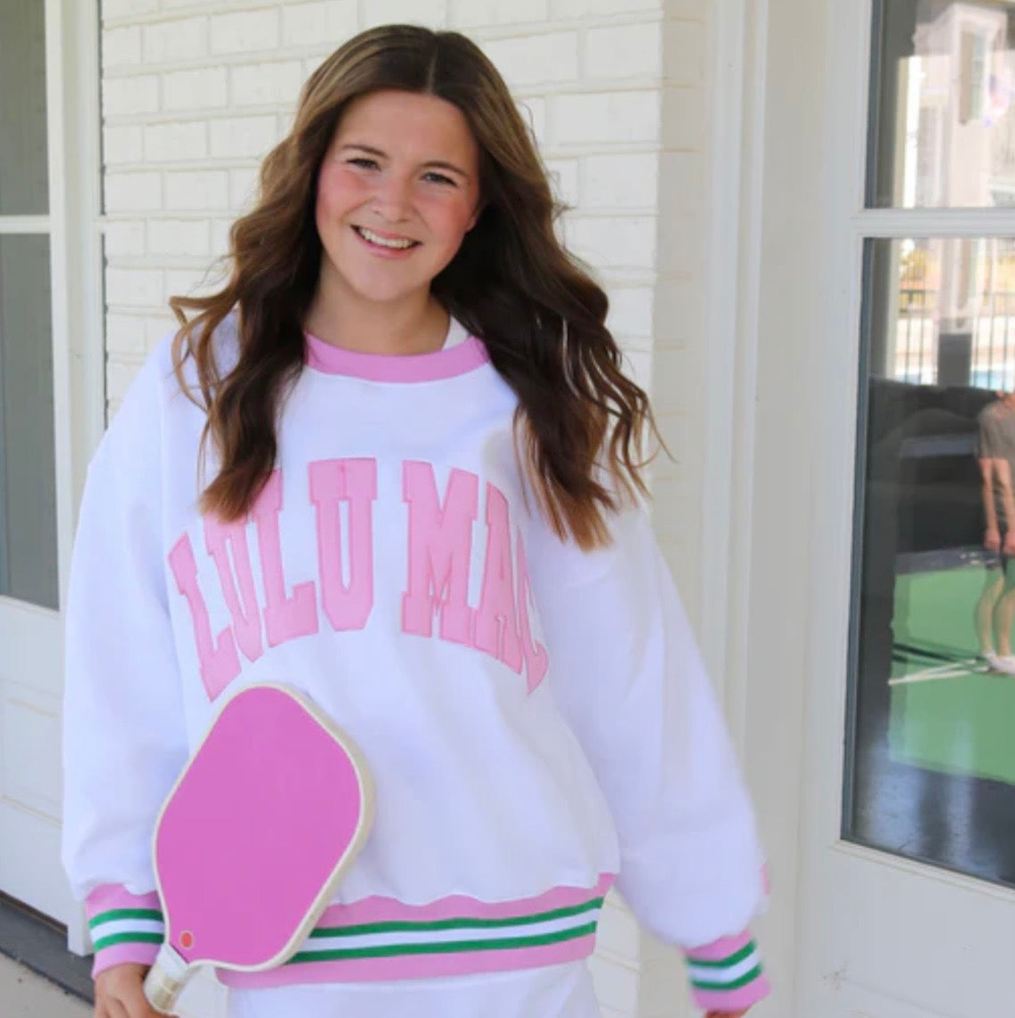 White & Pink Stitch LuLu Mac Sweatshirt