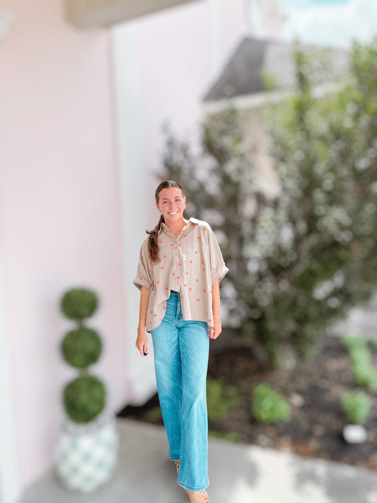 Orange Wildflower Button Up Blouse