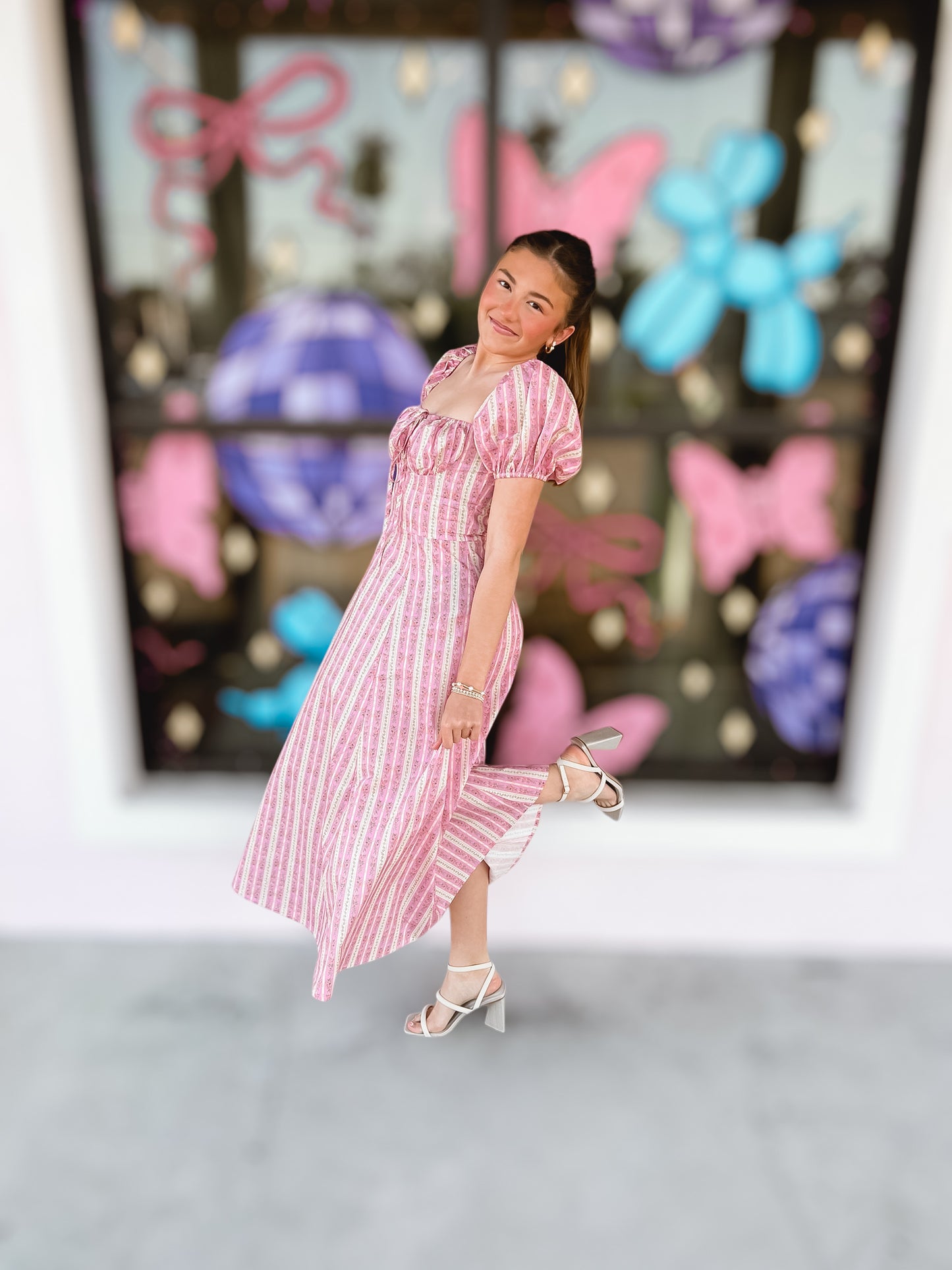 Say It Ain’t So Pink Striped Floral Midi Dress
