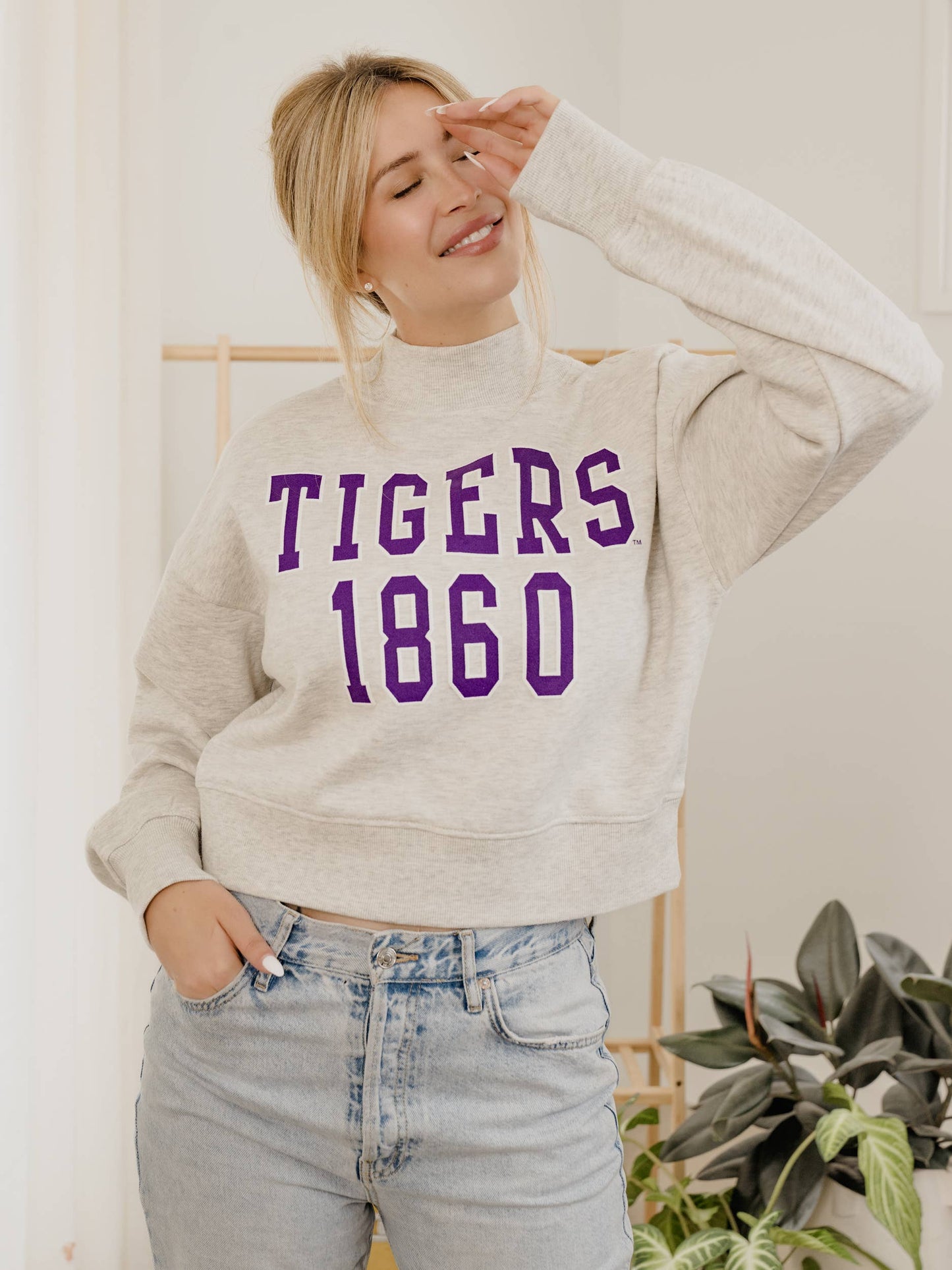 LSU Tigers College Block Puff Ink Gray Mock Neck Sweatshirt