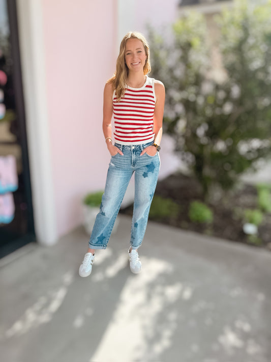 Star Shadow Mid Rise Boyfriend Cuffed Jeans