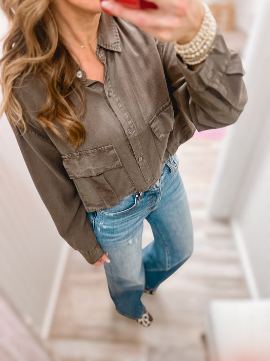 Washed Brown Cropped Pocket Button Up