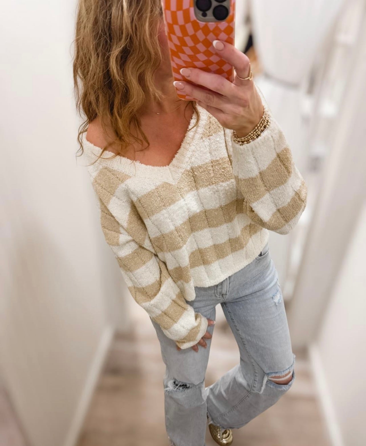 Lambie Striped Vneck Crop Sweater