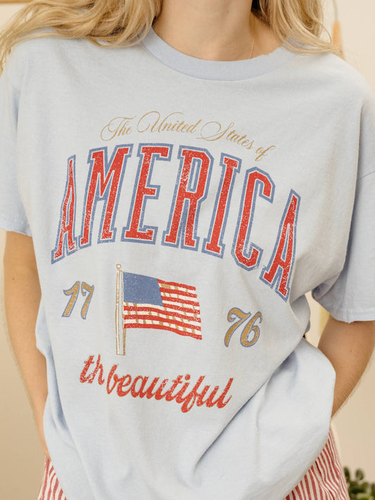 4th of July USA America Wave Arch Light Blue Thrifted Tee