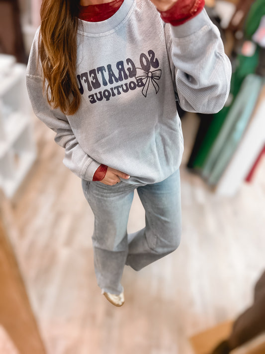 Faded Denim Corded Bow Logo Crewneck