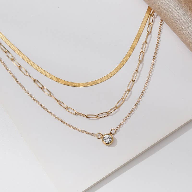 Triple Necklace with Rhinestone Drop Link & Herringbone Necklace