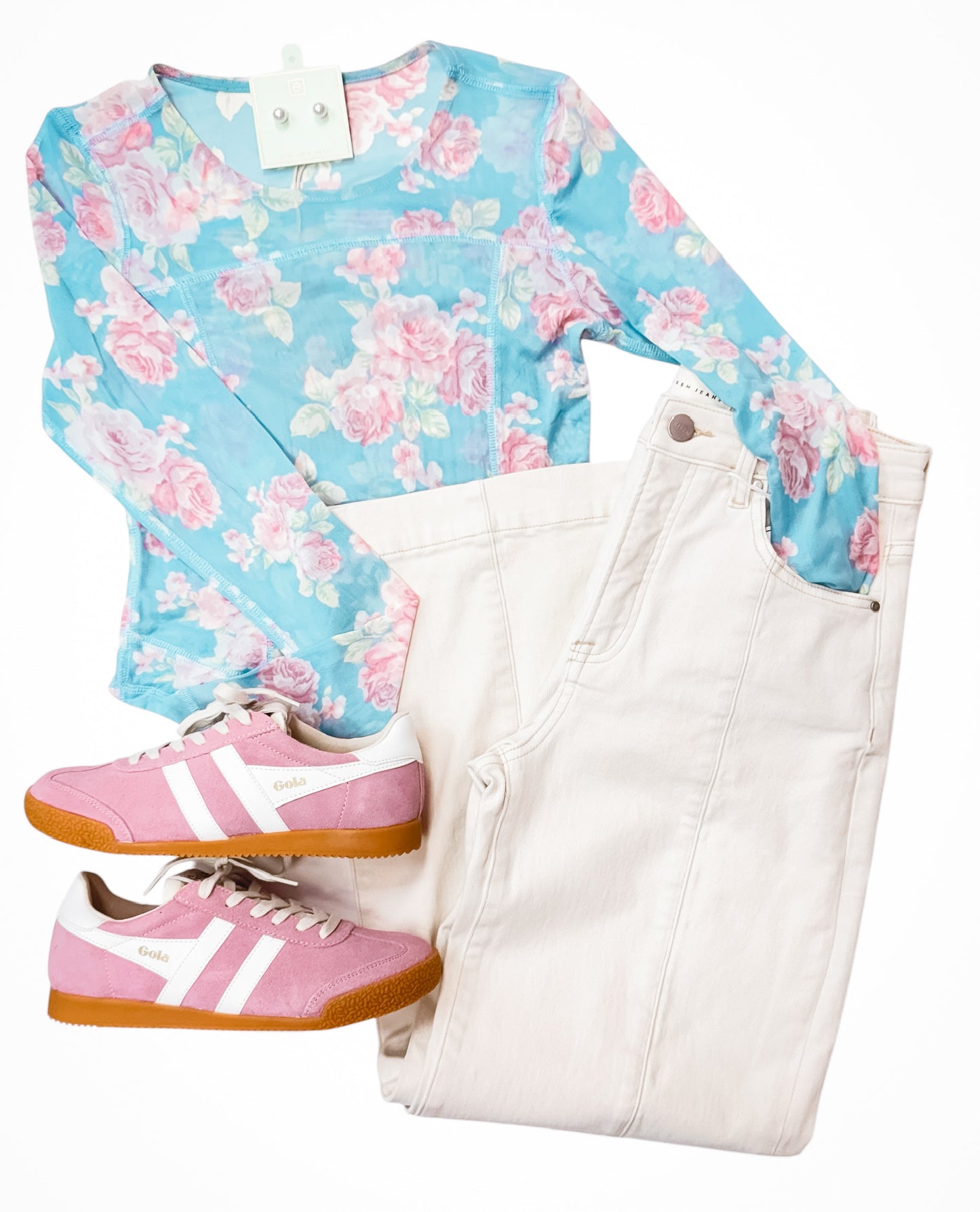 Slate Blue & Pink Floral Mesh Fitted Long Sleeve Top