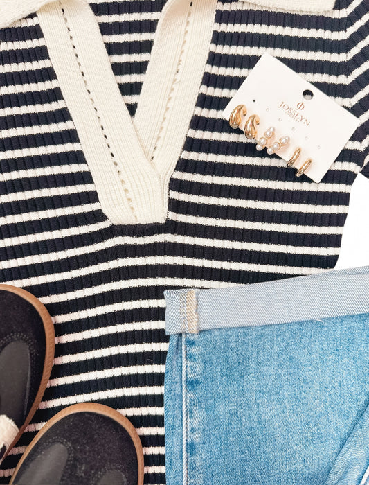 Classic Black Striped Collared Sweater Top