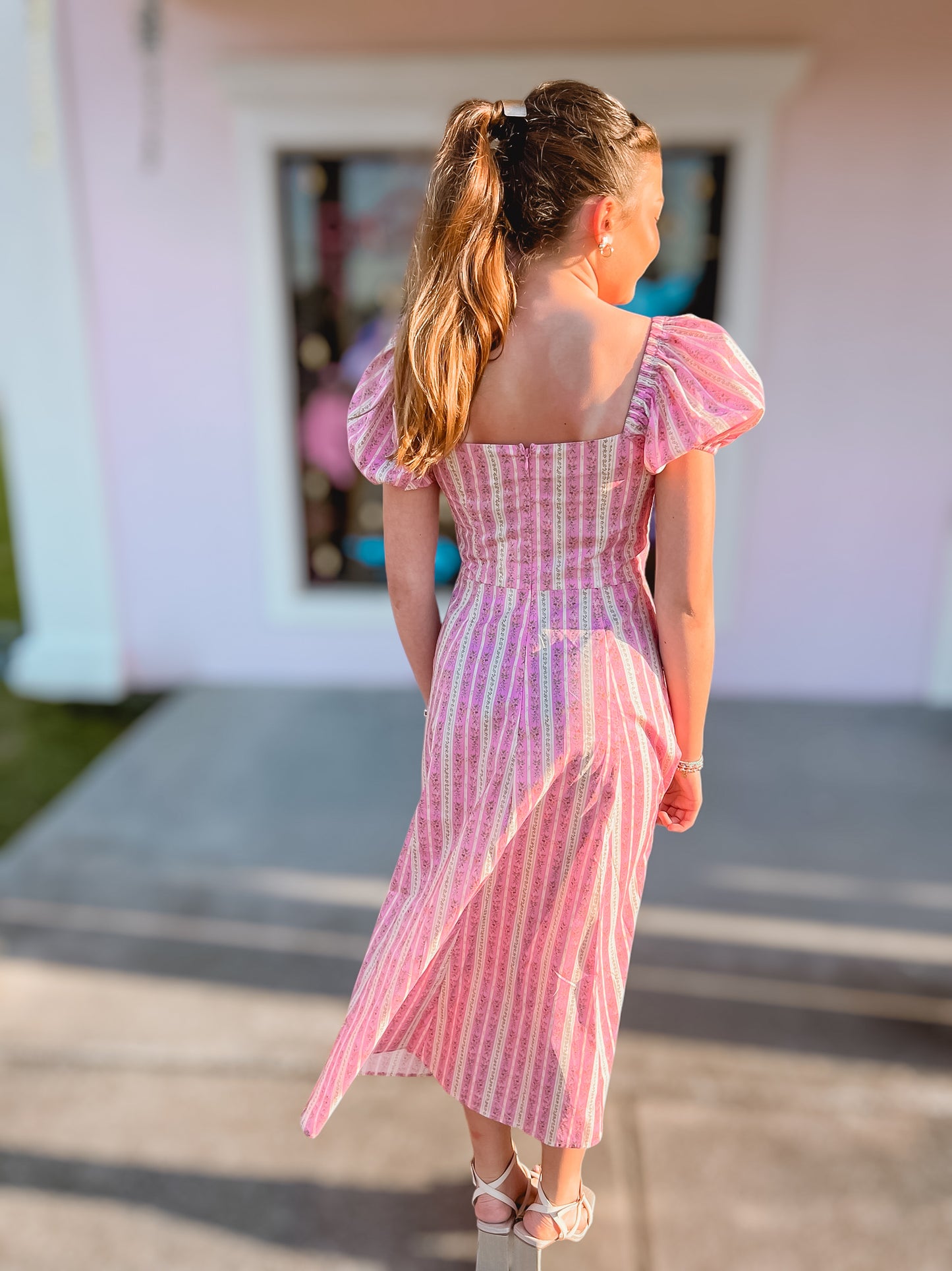 Say It Ain’t So Pink Striped Floral Midi Dress