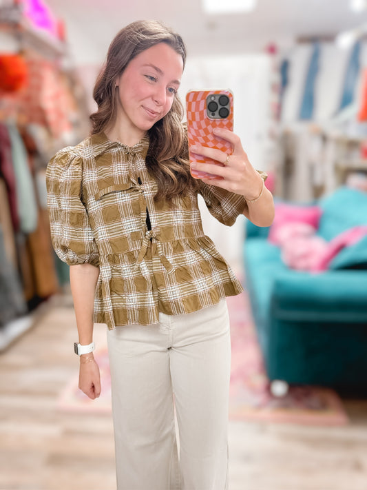 Olive Plaid Peplum Top