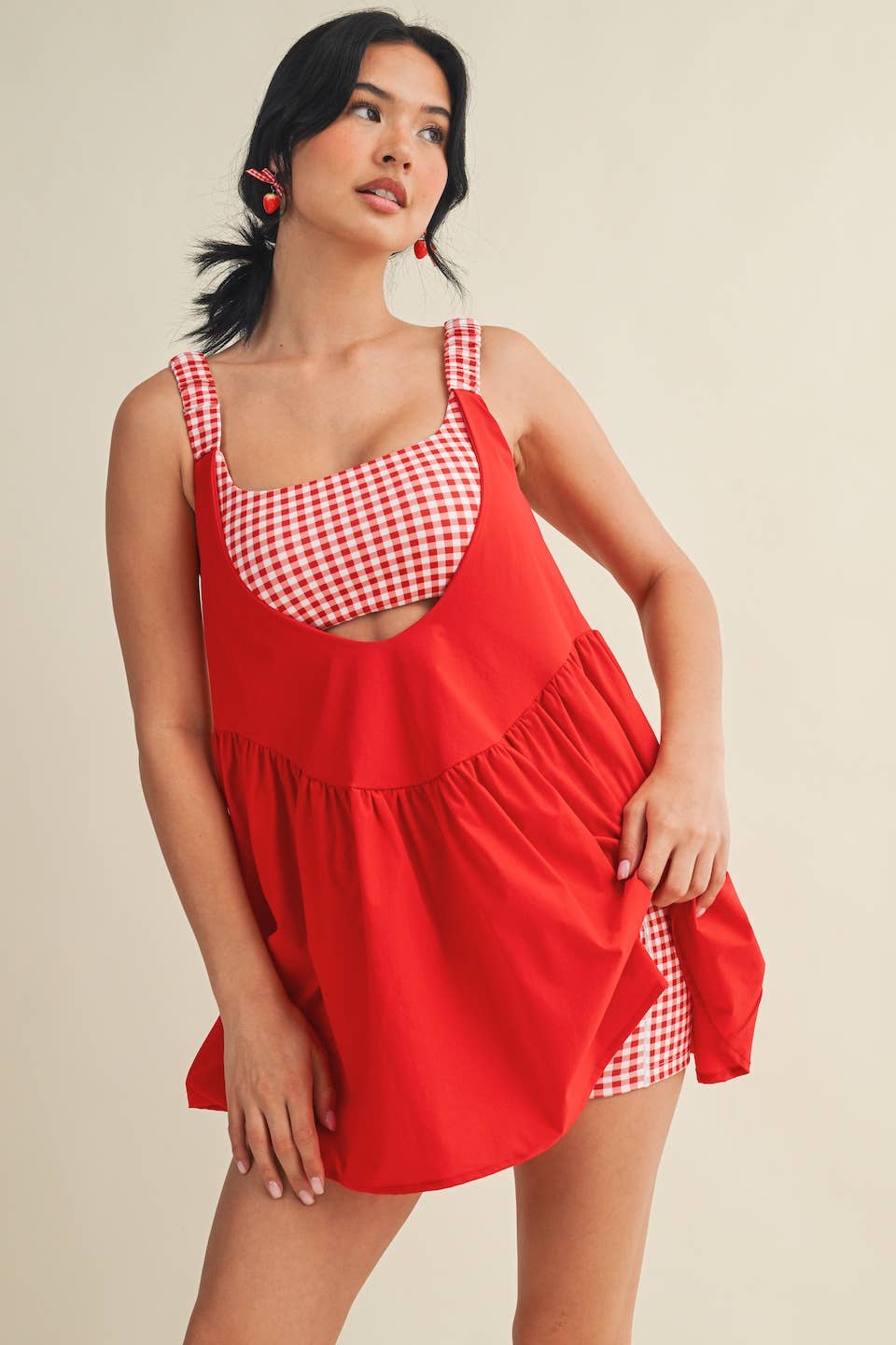 Red Gingham Print Double Layered Play Dress