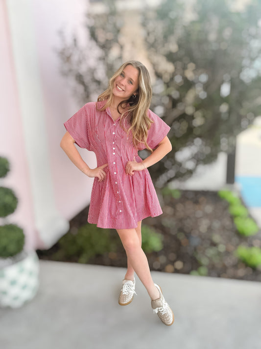 Pleats To Meet You Striped Shirt Dress Red