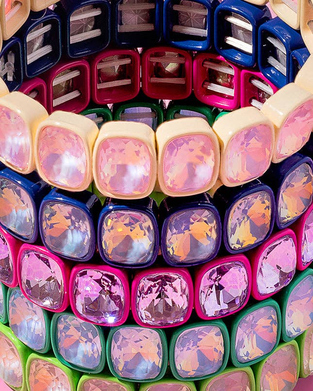 Enamel Stretch Bracelet - Square Gems - Layla - White
