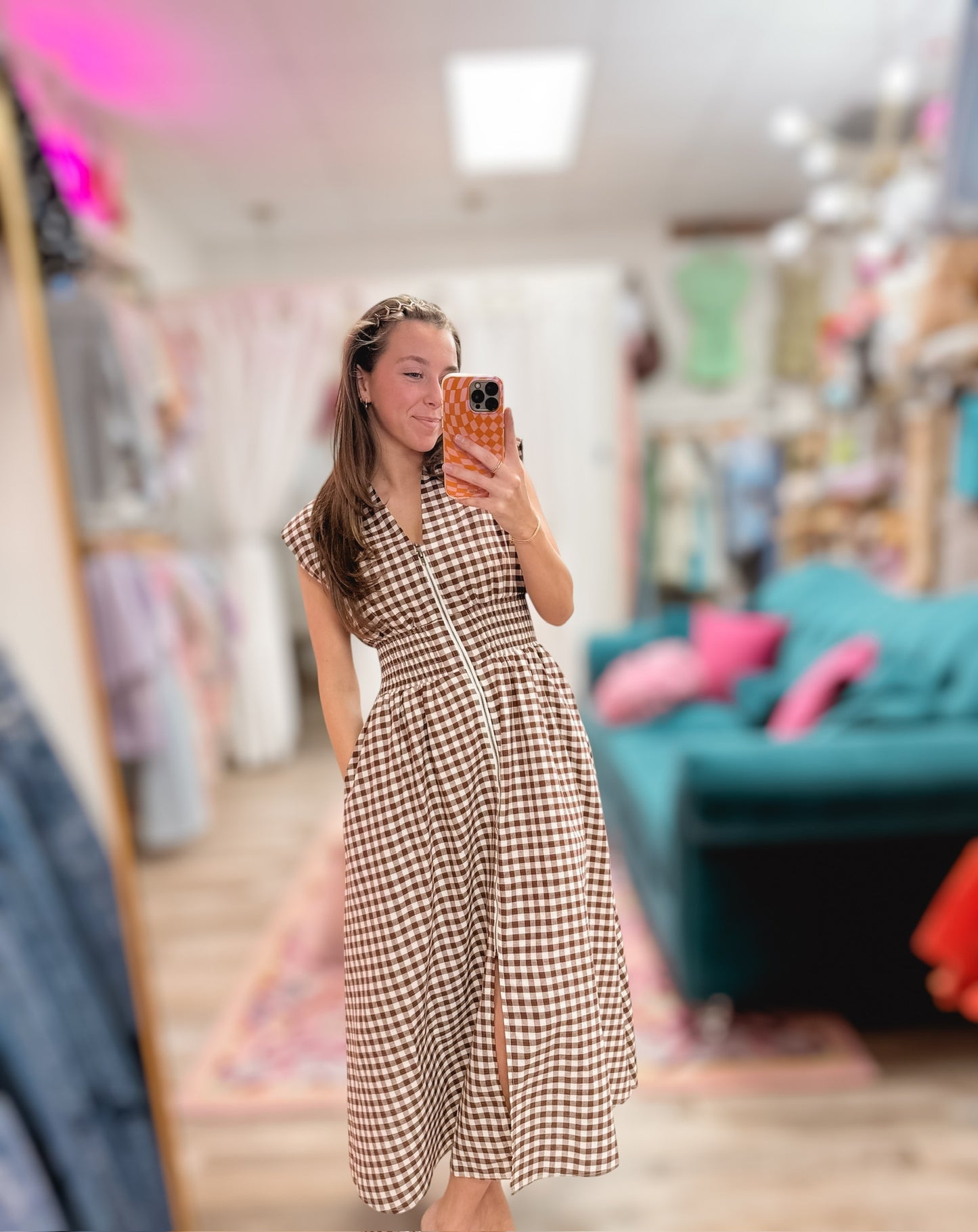 Think About It Chocolate Checkered Midi Dress