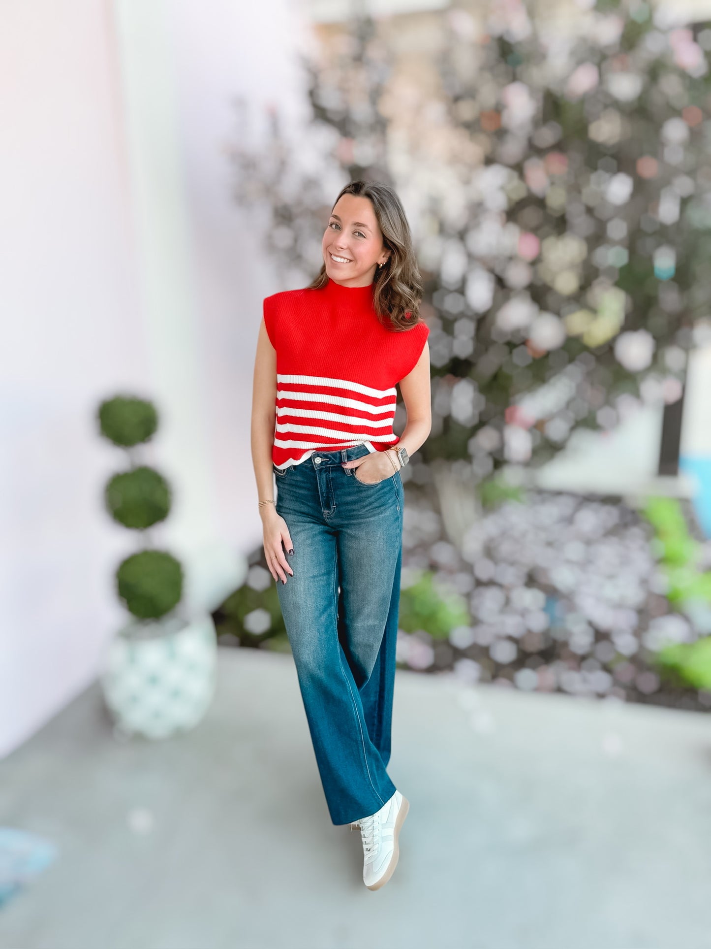 Red Striped Mock Neck Sleeveless Sweater