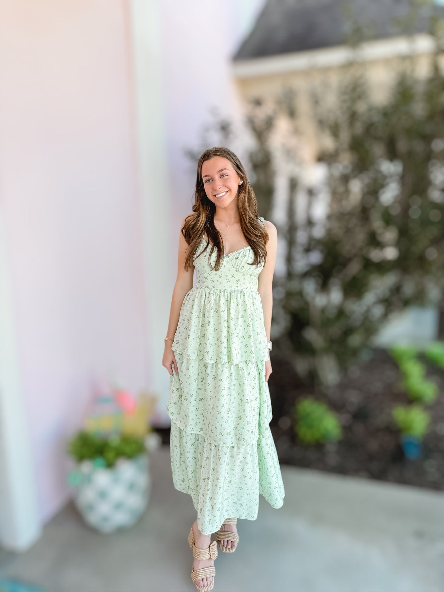 Sage Floral Corset Ruffle Dress