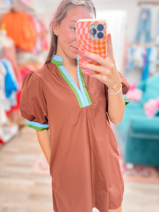 Chocolate Colorblock Trim Dress