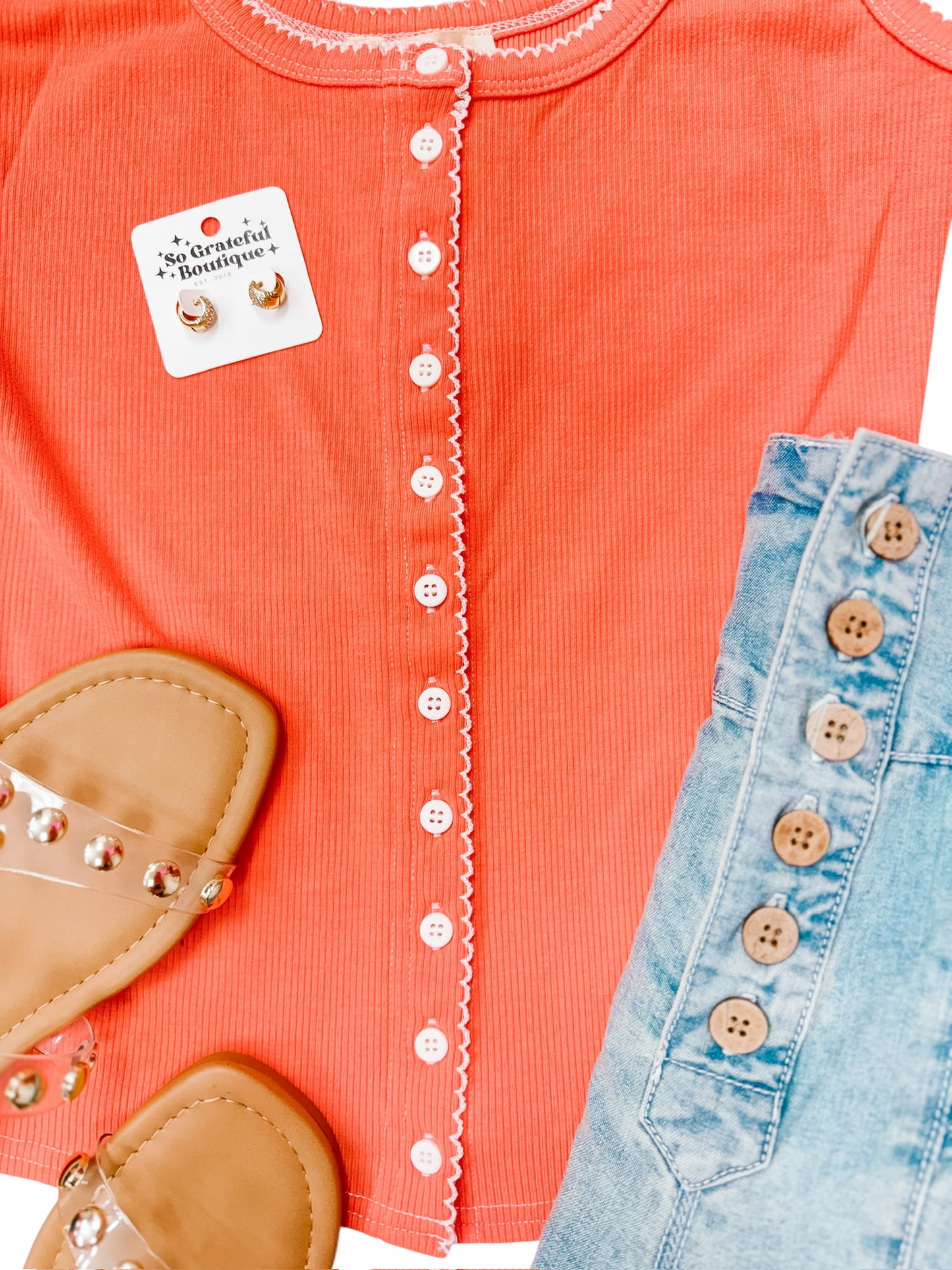 Carol Ann Contrast Stitch Top in Coral