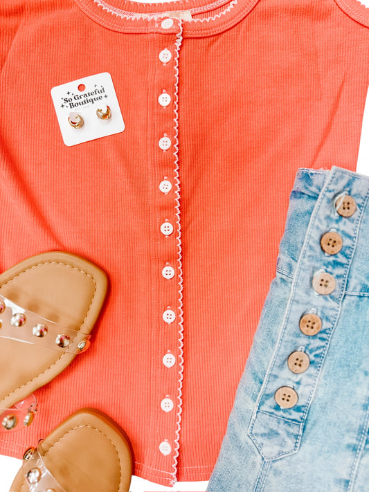 Carol Ann Contrast Stitch Top in Coral