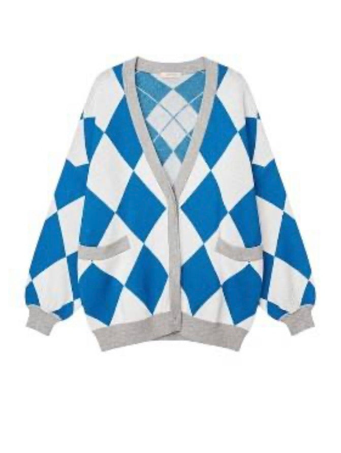 Blue Game Day Argyle Print Cardigan Sweater