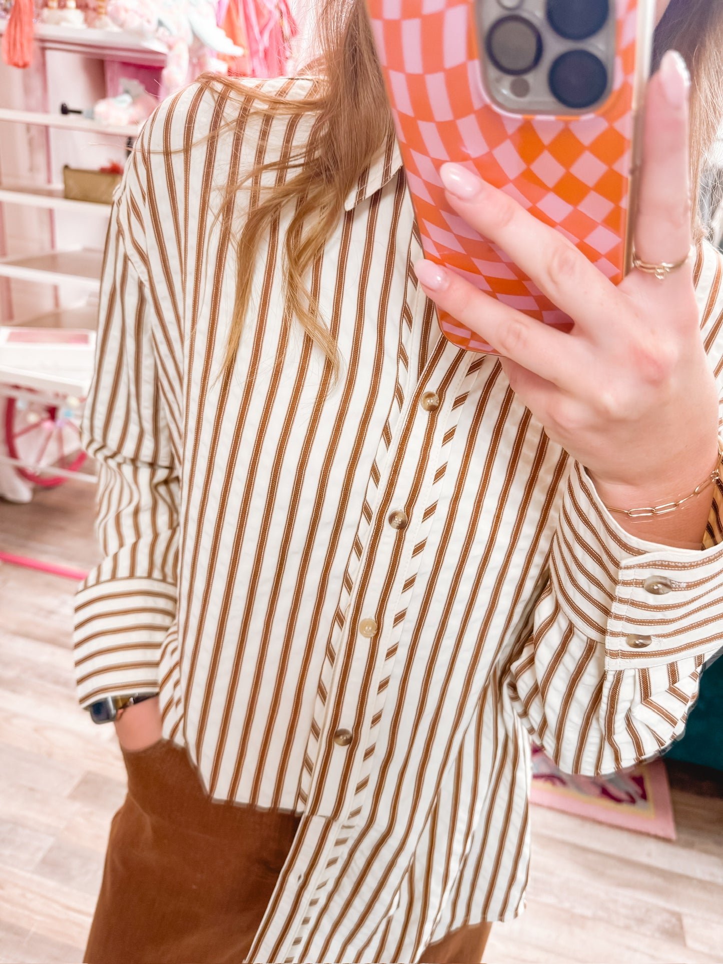 Stay Close & Button Up Brown Striped Top