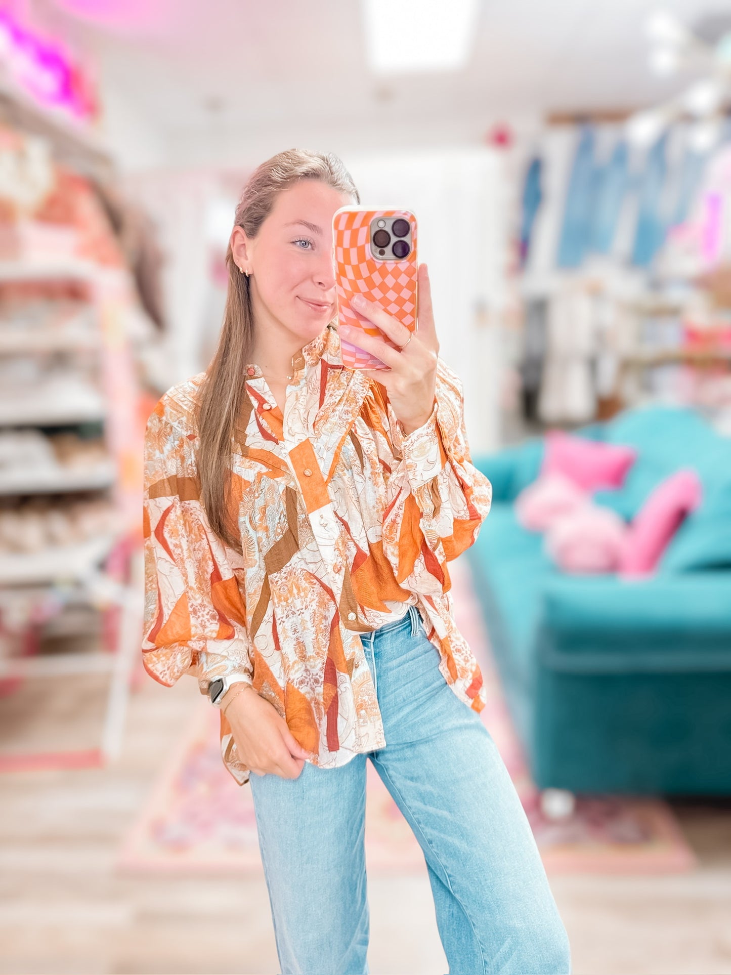 Pumpkin Spice Printed LS Button Down Blouse