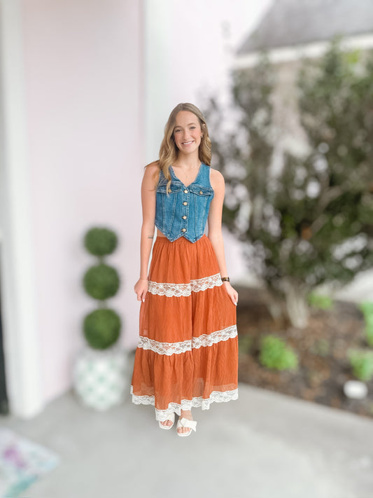 Rust Lace Tiered Maxi Skirt